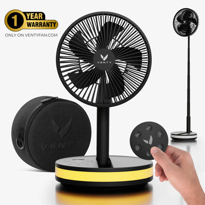 Black Venty fan with carrying case and remote control on a white background